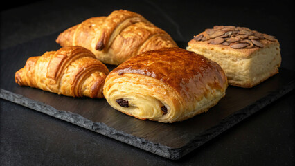 Three golden pastries, such as mini croissants, pain au chocolat, and scones, arranged on a dark slate surface