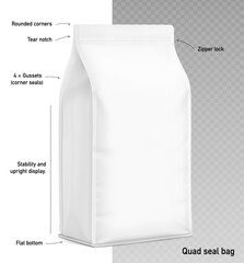 Realistic quad seal bag with flat bottom mockup. Vector illustration isolated on white and transparent background. Perfect for easy customisation and editing your graphics on a mockup. EPS10.  © realstockvector
