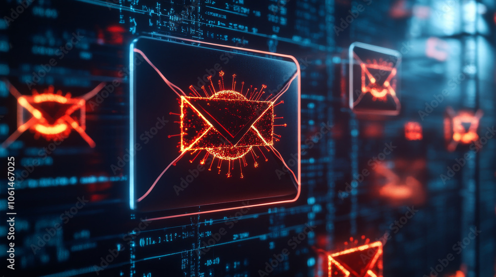 Poster an email inbox shows a spam virus warning. it also displays icons for email security, new messages, 