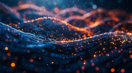 Abstract digital data technology background featuring 3D rendering of data analysis, access to digital data, and a digital cyberspace filled with particles and network connections.