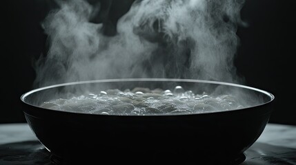 Spaghetti boiling in a black pan, with steam rising and bubbles, capturing the cooking process for a delicious pasta dish
