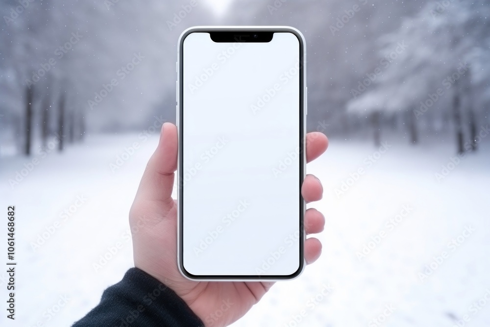 Wall mural Holding winter white phone.