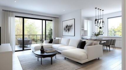 A minimalistic living room with a white sofa and green accents offers a serene and modern aesthetic, enhanced by natural light from large windows.