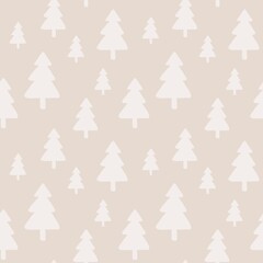 Christmas tree seamless pattern, December paper, winter fabric design, holiday repeat pattern greeting card, beige background