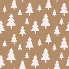 Christmas tree seamless pattern, December paper, winter brown fabric design, ginger repeat pattern greeting card