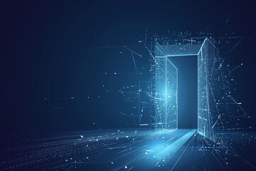 Obraz premium Open door digital vector illustration on a blue background. Futuristic science fiction concept of doorway. Technology portal in a polygonal wireframe glowing style. Vector abstract tunnel, portal. Ge 