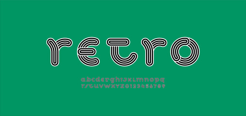 alphabet striped decorative font, letters A, B, C, D, E, F, G, H, I, J, K, L, M, N, O, P, Q, R, S, T, U, V, W, X, Y, Z and numerals 0, 1, 2, 3, 4, 5, 6, 7, 8, 9, vector illustration 10EPS.