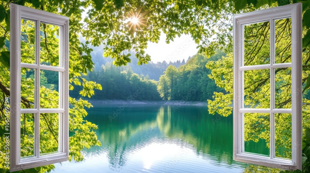 Poster serene nature view through open windows