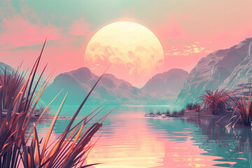 Retro sun in 80`s style. Vaporvave, retrowave, synthwave futuristic background with sunset. Trendy design for sci-fi, cyber abstract poster, print. Abstract pastel holographic blurred grainy gradient