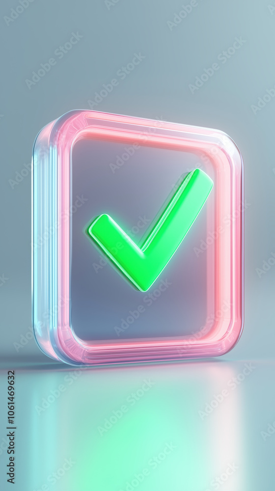 Poster crisp 3d digital approval button with glowing green checkmark design