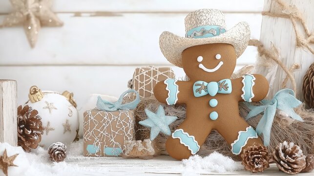 A cheerful gingerbread man, adorned with blue icing and a festive hat, lies on a wooden surface.