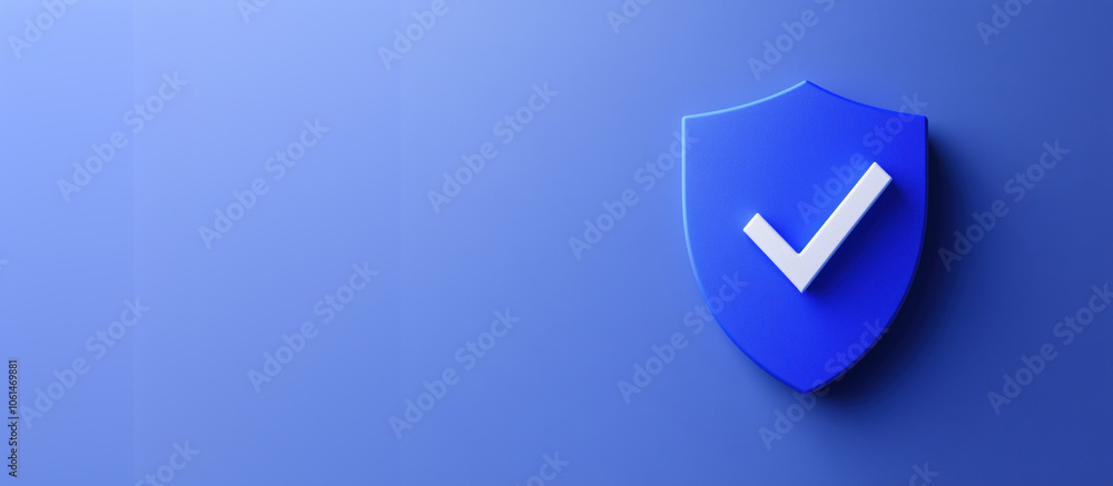 Poster deep blue shield symbolizing security with check mark, representing trust
