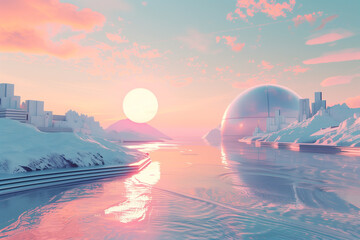 Retro sun in 80`s style. Vaporvave, retrowave, synthwave futuristic background with sunset. Trendy design for sci-fi, cyber abstract poster, print. Abstract pastel holographic blurred grainy gradient