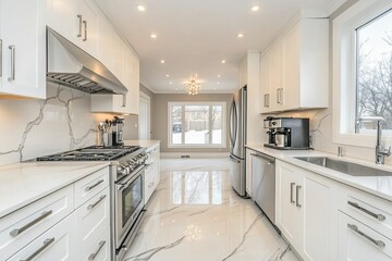 Fototapeta premium Contemporary kitchen interior showcasing sleek design with white cabinetry, stainless steel sink and coffee machine on reflective countertop. 