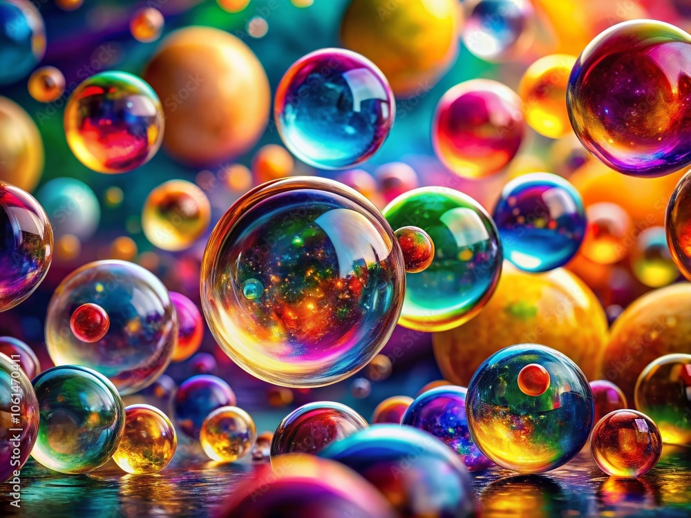 Poster random bubbles floating over colorful background balls and spheres with soft masking in portrait pho