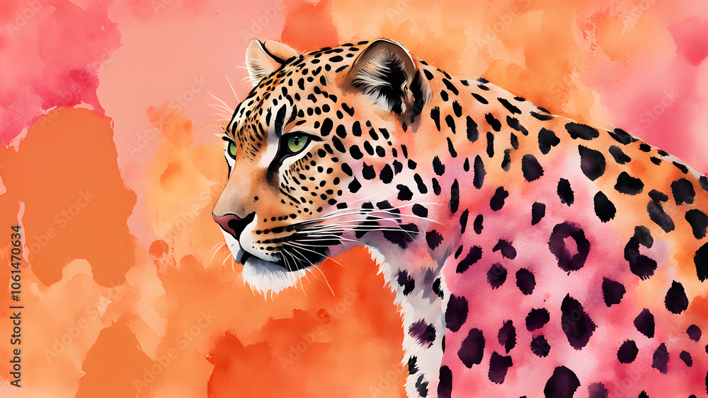 Wall mural a painting of a jaguar with a green nose and pink spots