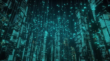 A digital landscape featuring glowing turquoise skyscrapers amidst a cascade of shimmering binary data, evoking a futuristic cityscape.