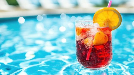 Refreshing tropical cocktail in a glass with a fruit garnish on the poolside, with clear pool water and blue skies in the background