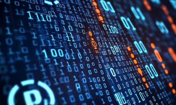Abstract digital data visualization with binary code and symbols.