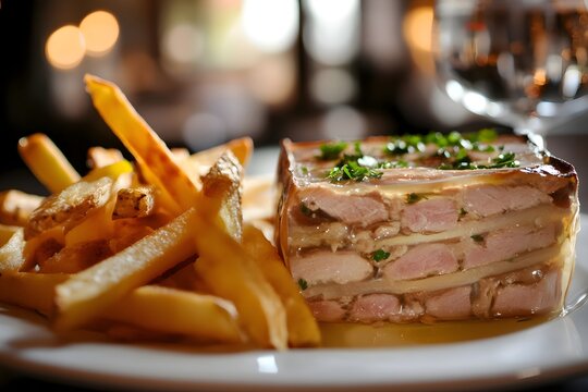 Close-up of Potjevleesch, a terrine with pork, rabbit, and chicken in clear jelly, served cold with crispy fries on a sleek table. A softly blurred French restaurant adds elegance