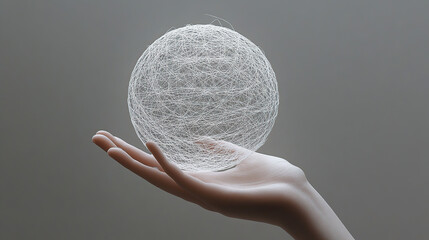 A hand holding an abstract white sphere made of thin threads, symbolizing the power and intricacy of web design