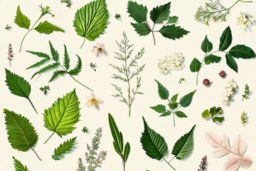 Array of botanical illustrations with diverse leaf types on beig
