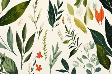 Elegant floral pattern with diverse greenery on beige