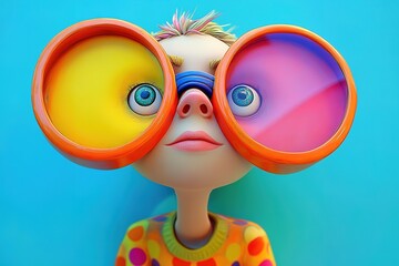 Fototapeta premium Child with oversized colorful glasses on blue.
