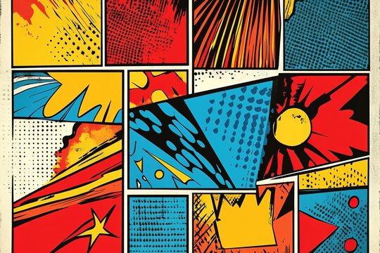 Bright pop art collage with various comic style elements