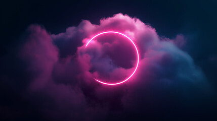 3D render of a neon circle on a black background with smoke and fog. The pink and blue light ring is glowing with a dark abstract cloud in the sky. The glowing ring is set against a dark background.