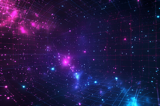 Synthwave wireframe net illustration with smoke or fog. Abstract digital background. 80s, 90s Retro futurism, Retro wave cyber grid. Deep space surfaces. Neon lights glowing. Starry background. Vector