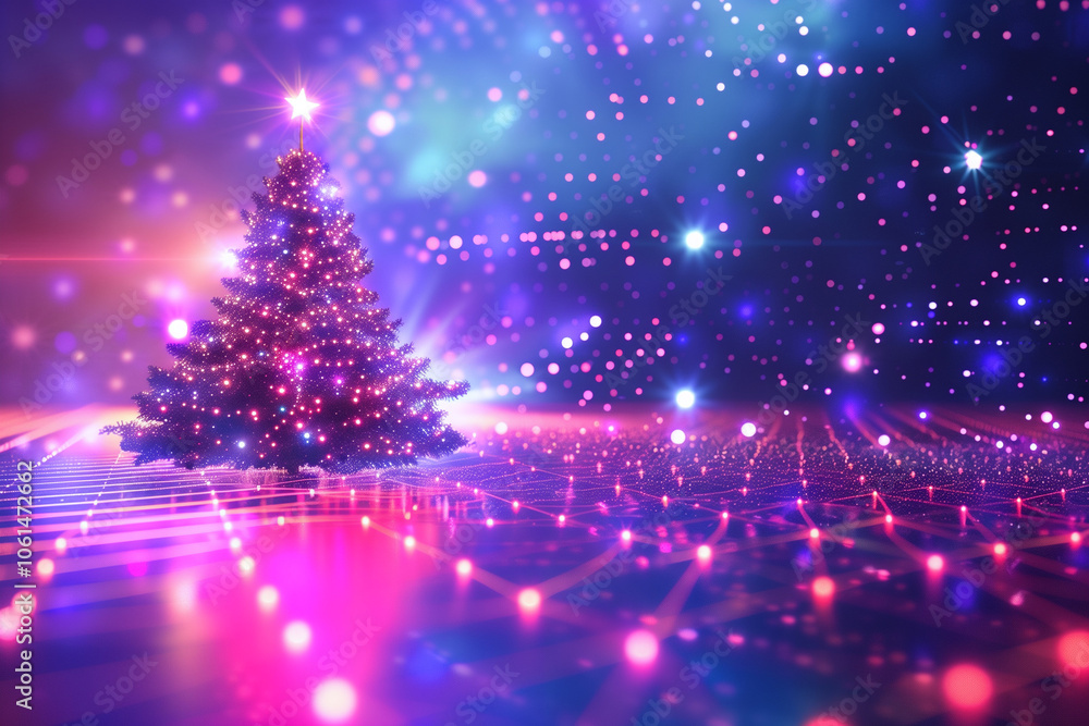 Poster universe retro futuristic 80's background. synthwave wireframe net grid. christmas tree in retro sun