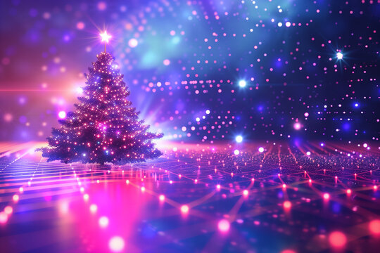 Universe Retro Futuristic 80's Background. Synthwave wireframe net grid. Christmas tree in retro sunset style. 80s, 90s Retro futurism, Retro wave cyber grid. Deep space surfaces. Neon glow particles
