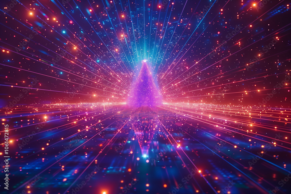 Poster universe retro futuristic 80's background. synthwave wireframe net grid. christmas tree in retro sun