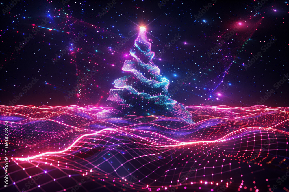 Poster universe retro futuristic 80's background. synthwave wireframe net grid. christmas tree in retro sun