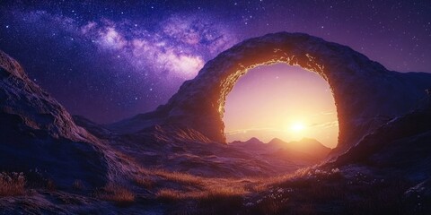 Sunset behind mountain cave