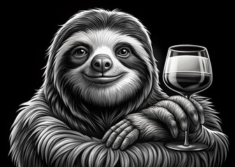 Fototapeta premium Relaxing Sloth with Wine – Monochrome Vector Illustration for Apparel and Wall Decor, Perfect for Bars and Cafes, Animal Art Print Design