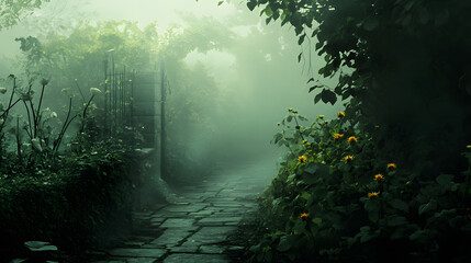 Fototapeta premium A mysterious garden filled with toxic nightshade and fog.