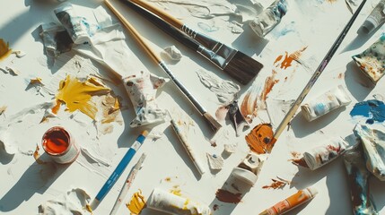 A vibrant collection of paint tubes, brushes, and colorful palettes rests on a surface, illuminated by soft natural light, capturing the essence of a creative art session.
