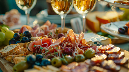 Reception Buffet: A buffet setup at a reception with glasses of wine, champagne, and an assortment of canapes, cheese, jamon, prosciutto, and fruit, emphasizing the catering service.