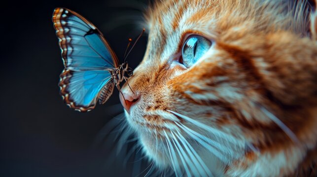 An orange cat observes a blue butterfly closely, showcasing its curiosity in a tranquil indoor setting