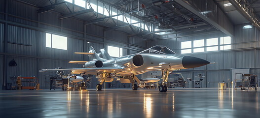 A modern military fighter jet in a hangar, Generative AI