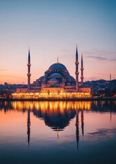 Naklejka premium A stunning mosque reflected in water during sunset, showcasing beautiful architecture and serenity.