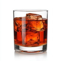 A glass of amber colored liquor on the rocks with a white background.
