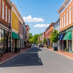 Fototapeta premium A quaint, charming street lined with colorful storefronts and green awnings.