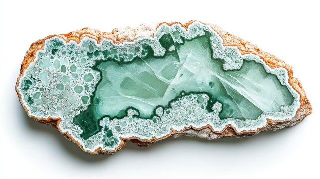 Stunning green agate geode slice with crystal details on white background