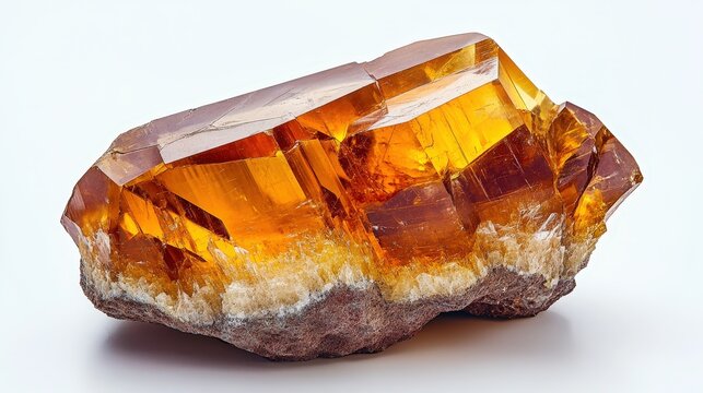 Golden citrine gemstone in raw form on white background with natural light reflection