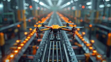A drone effortlessly maneuvers through an automated assembly line surrounded by glowing orange lights in a bustling factory environment