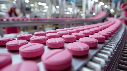 Bright pink pills travel down a conveyor belt in a busy pharmaceutical manufacturing plant during production