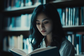 Young woman reading book in library, serene ambiance